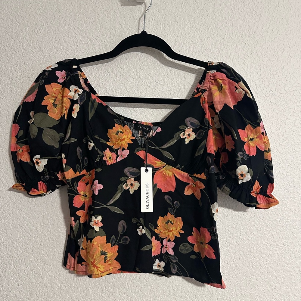 Floral Black Puff Sleeve Blouse Size M Side‎ Zip Springtime Vacation Tropical